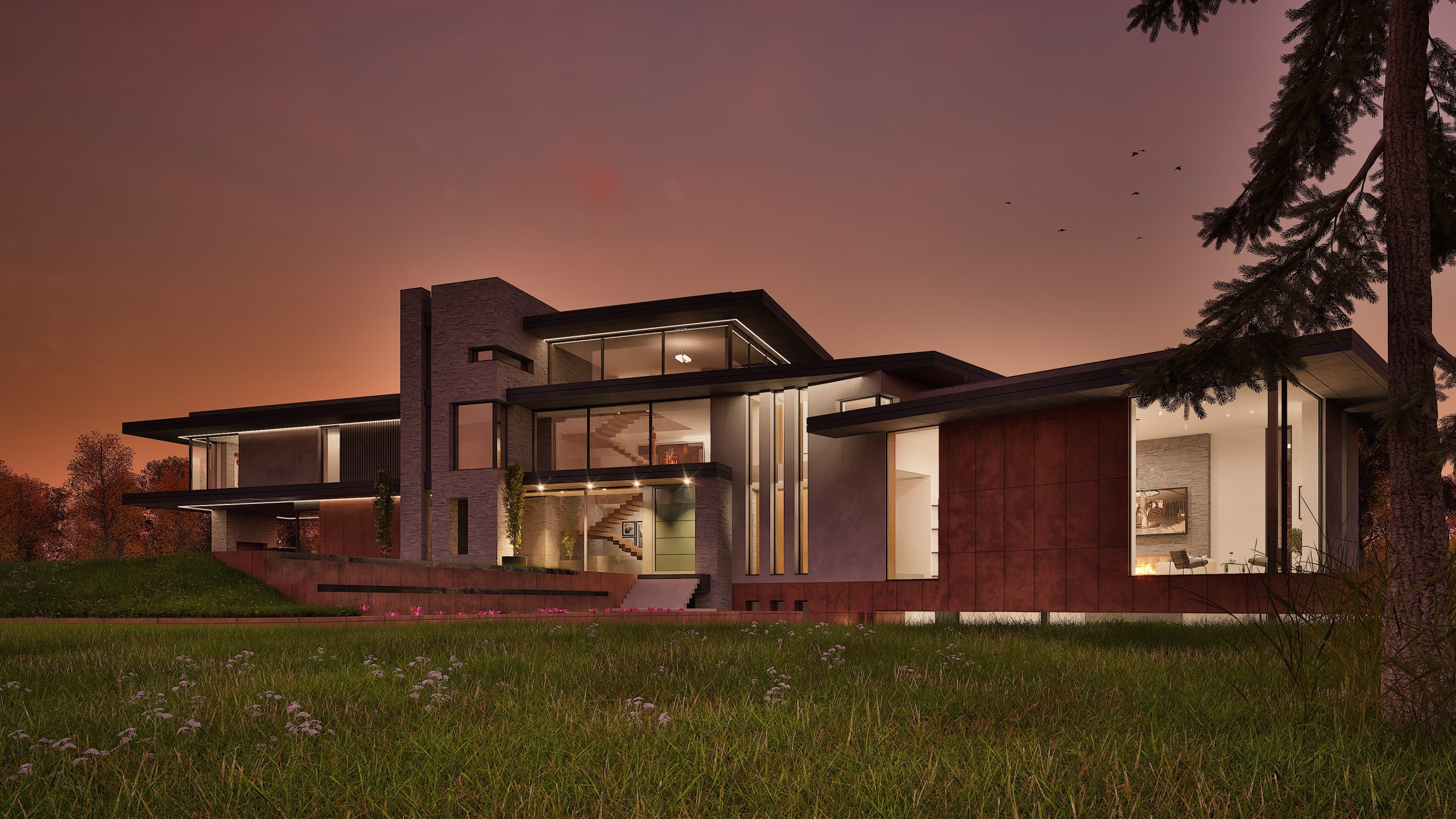 Modern two-story luxury residence with flat roofs, large glass windows, stone and wood cladding at dusk with warm interior lighting